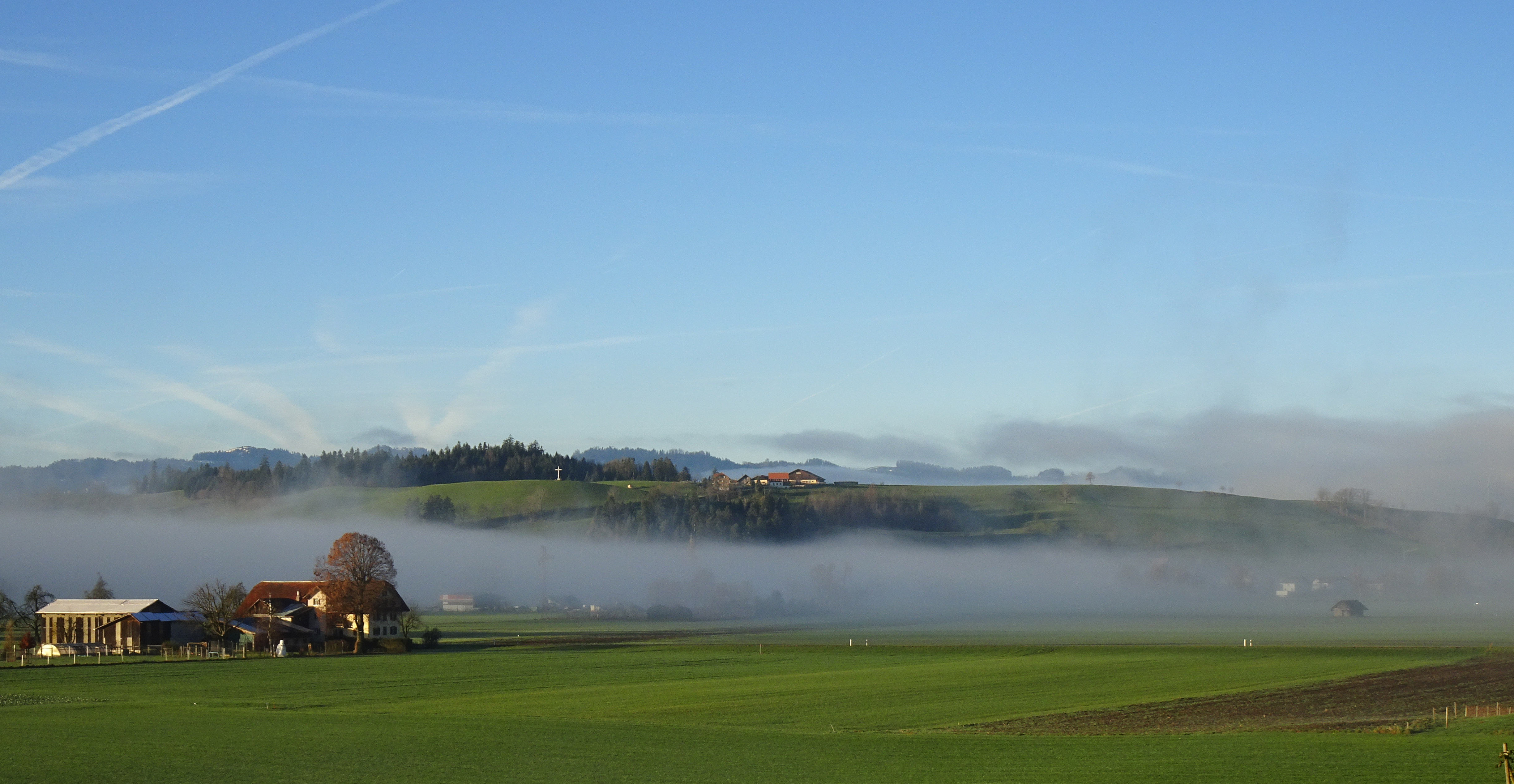 Der Bauernhof Schübelberg in Ruswil ist von Morgennebeln umzingelt. | Urs Amrein, Ruswil
